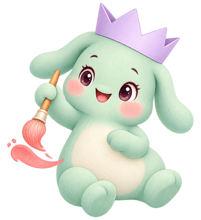 La mascota de MiniPinta: un conejito verde con corona lila y un pincel rosa